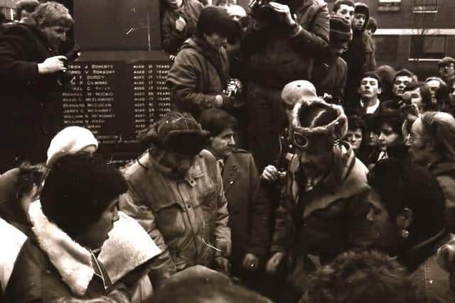 Ojibwe leader Clyde 'The Thunder Before the Storm' Bellecourt and comrades from the American Indian Movement (AIM) lay a wreath at the Bloody Sunday monument in 1985.