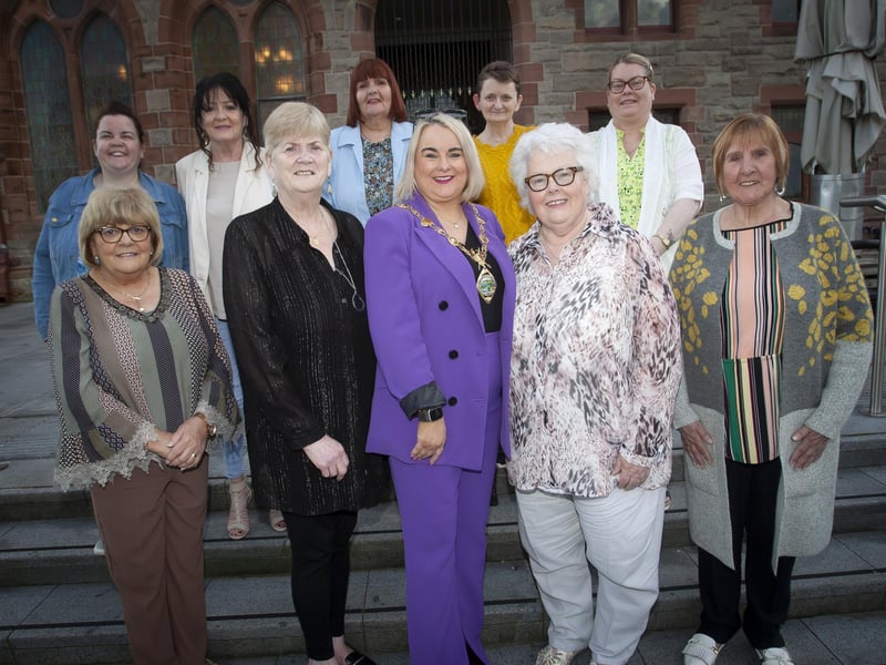 Ladies from Galliagh Women’s Group pictured with the Mayor, Sandra Duffy on the steps of the Guildhall on Tuesday evening.