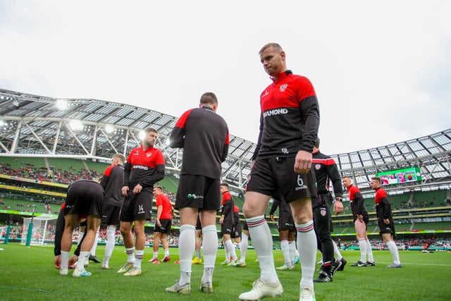 Derry City defender Mark Connolly is a pictured of concentration as the Candystripes warm up prior to Sunday's FAI Cup Final against Shelbourne. (Photo: Kevin Moore/MCI)