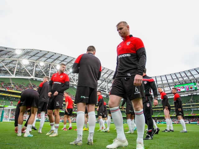 Derry City defender Mark Connolly is a pictured of concentration as the Candystripes warm up prior to Sunday's FAI Cup Final against Shelbourne. (Photo: Kevin Moore/MCI)
