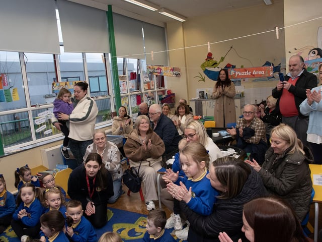Grandparents and children enjoying a musical interlude during Grandparents To School Day at Holy Child PS. (Photos: Jim McCafferty Photography)