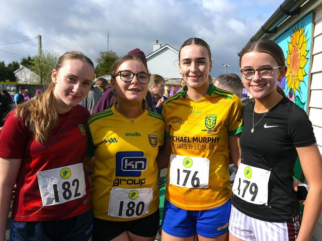 Jade Harkin, Annie McCafferty, Khloe Henry and Muireann Doyle took part in the Tomás memorial 5k fun walk / run held in Moville on Sunday morning. Photo: George Sweeney