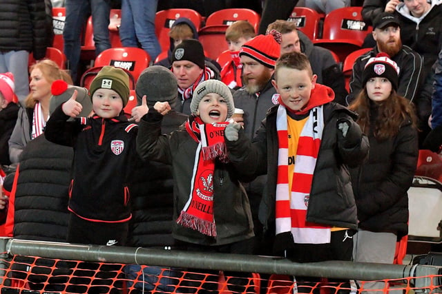 Derry City fans at the Ryan McBride Brandywell Stadium for the game against Dundalk on Friday evening last. Photo: George Sweeney. DER2310GS – 040