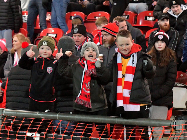 Derry City fans at the Ryan McBride Brandywell Stadium for the game against Dundalk on Friday evening last. Photo: George Sweeney. DER2310GS – 040