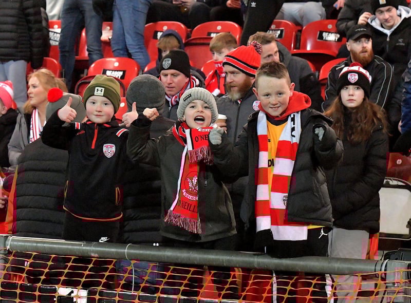 Derry City fans at the Ryan McBride Brandywell Stadium for the game against Dundalk on Friday evening last. Photo: George Sweeney. DER2310GS – 040