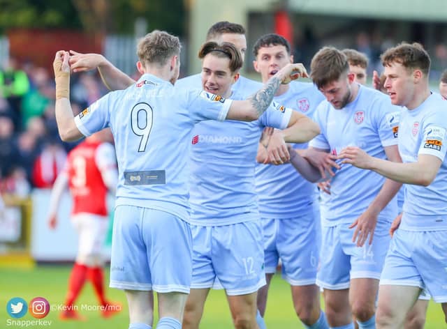 First half goalscorers Matty Smith and Jamie McGonigle celebrate as Derry City blew away St Pat’s at Richmond Park on their last visit.