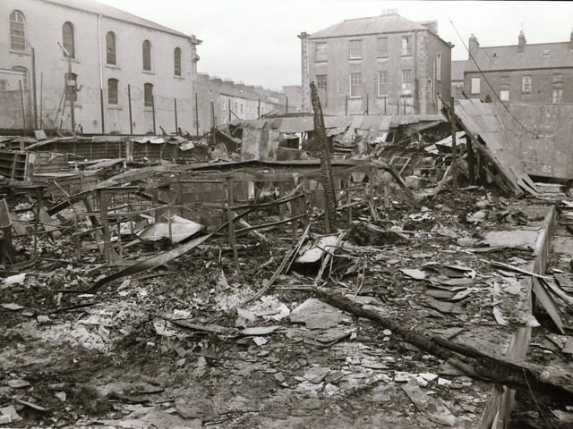 The aftermath of rioting in Derry during which the Post Office sorting office was burnt down.
