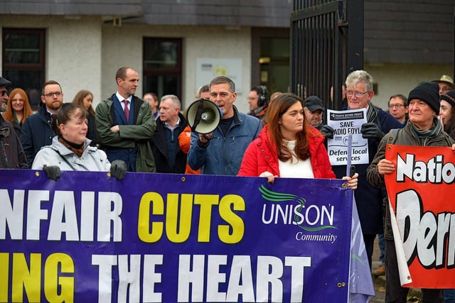 Colr. Shaun Harkin speaking at a protest outside BBC Radio Foyle, on Northland Avenue, on Wednesday afternoon against proposed cuts to jobs and services by BBC Northern Ireland as part of a cost-cutting and restructuring project. Photo: George Sweeney. DER2248GS – 37
