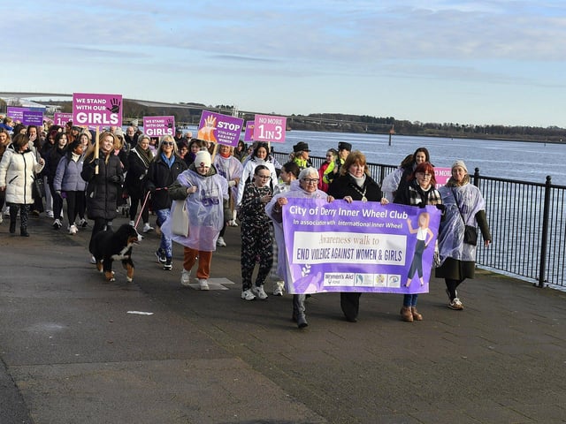 Deputy Mayor Alderman Niree McMorris was among proponents who participated in the Foyle Women's Aid walk, from Sainsbury's to the Guildhall on Sunday afternoon, supporting the United Nations Women's Campaign to eliminate gender '“ based violence worldwide. Photo: George Sweeney