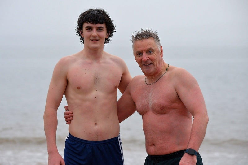 Daniel McAleer pictured with his dad Daniel at the annual Christmas Day swim at Ludden beach, Buncrana. Photo: George Sweeney. DER2252GS – 06