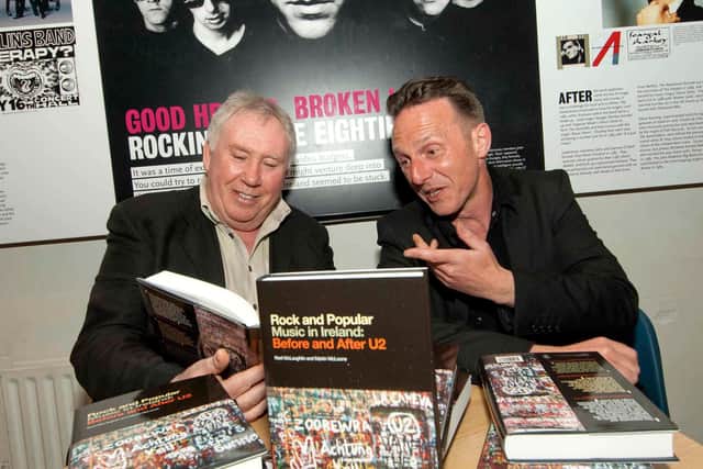 Martin with Noel McLaughlin at the launch of their book 'Rock and Popular Music in Ireland: Before and After U2' in 2012.