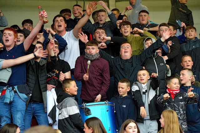 Fans celebrate Derry City’s Extra.ie FAI Cup semi-final win over Treaty United, on Sunday afternoon. Picture by George Sweeney. DER2241GS – 035