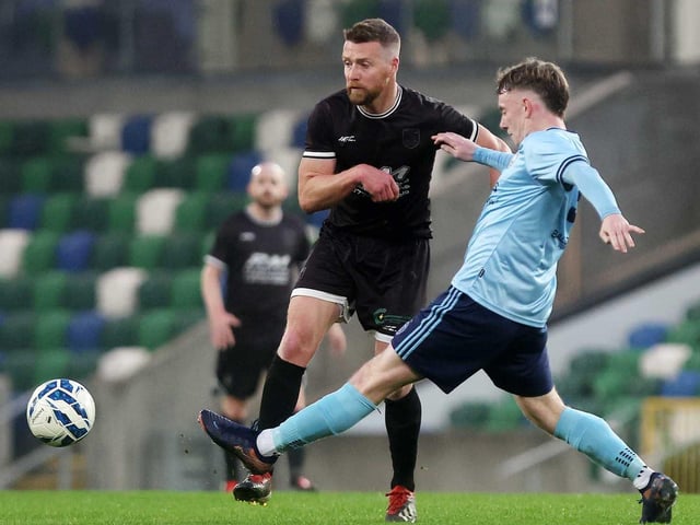 Brian Rainey breaks up an attacks during Friday's fonaCAB Craig Stanfield Irish Junior Cup final at Windsor Park. (Photo: IFA)