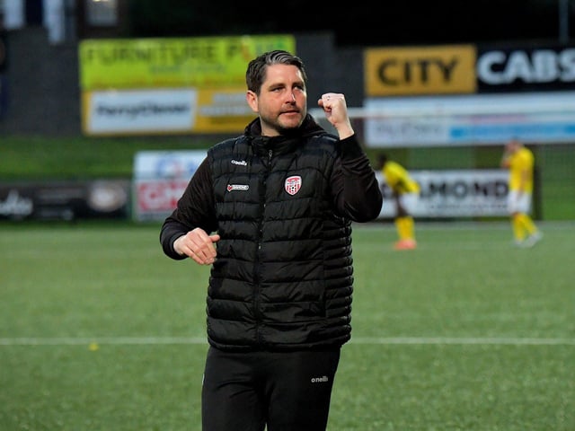 Derry City manager Ruaidhri Higgins salutes the fans at the end of the game against KuPs. Photo: George Sweeney. DER2330GS -