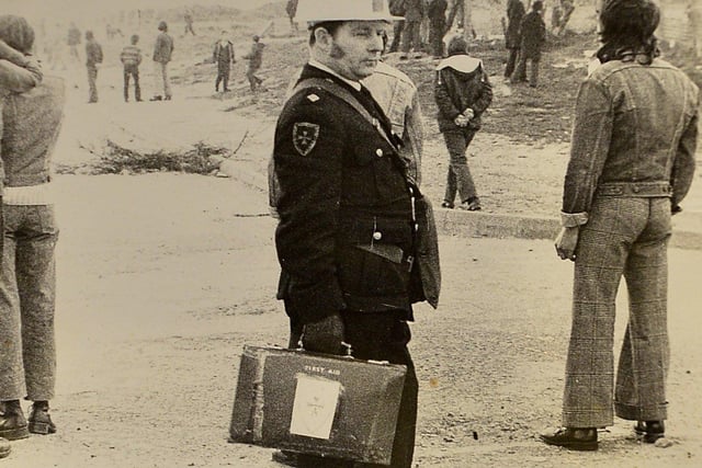 Photograph of Derry Corps Order of Malta volunteer Hugh Deehan taken in the Bogside in the 1970s on display at the Order of Malta Exhibition launch in the Museum of Free Derry on Monday evening last. Photo: George Sweeney. DER2305GS – 52