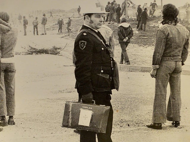 Photograph of Derry Corps Order of Malta volunteer Hugh Deehan taken in the Bogside in the 1970s on display at the Order of Malta Exhibition launch in the Museum of Free Derry on Monday evening last. Photo: George Sweeney. DER2305GS – 52