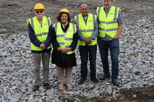 Mayor Patricia Logue with members of Over The Hill Snooker Club, on left, Brendan Moor, and from right, Joe Ashford and Billy Tyson, at the commencement of work for the Daisyfield Sports Hub. (Photo - Tom Heaney, nwpresspics)