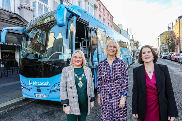 The Mayor of Derry City and Strabane District Council, Cllr Sandra Duffy, Anna Doherty, Chief Executive of Londonderry Chamber and Dervla McKay, Managing Director of Aircoach at the launch of the new north west Aircoach service.