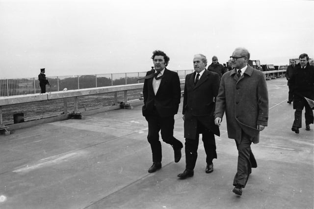 SDLP Leader John Hume with construction firm representatives and dignitaries during a visit by the European Commissioner for European Commissioner for Taxation, Consumer Affairs, Transport and Parliamentary Relations, and Inter-institutional Relations and Administration, Richard Burke.
