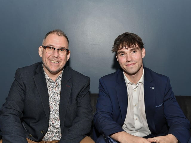 Stephen and Conor McCarron attended the opening night of the Grove Theatre Group's production of Annie at the Millennium Forum on Wednesday. Photo: George Sweeney