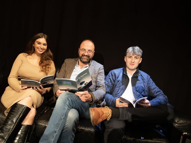 'The In-between' poet and author Feargal Friel pictured with his daughter Eva and son Tom at Thursday night's book launch in An Culturlann, Derry.