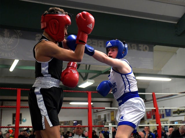 Skerries’ Sean Hughes left, boxing Star of the Sea’s Alfie Duddy.  Photo: George Sweeney