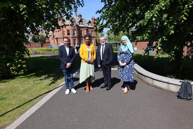 Pictured following a meeting between the North West Migrants Forum and Ulster University are, from left, Senior Lecturer Dr Philip McDermott, Director of Programmes at the North West Migrants Forum Lilian Seenoi Barr, Ulster University’s Deputy Vice-Chancellor Paul Seawright and the Migrants Forum’s Programmes Manager Naomi Green.