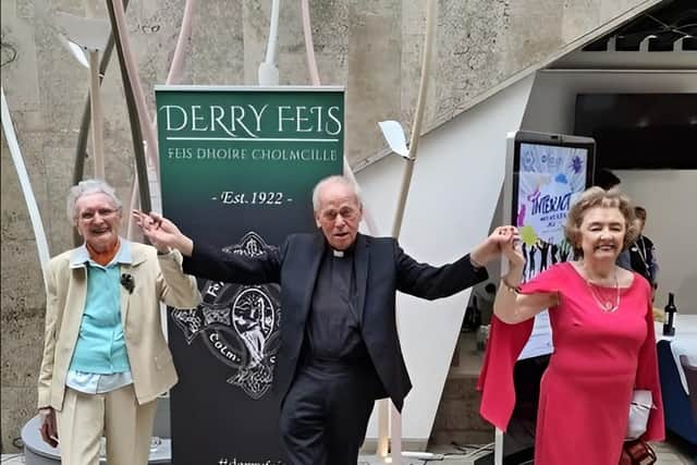 Fr Mullan pictured with legendary Irish dancing figures Lillian O’Moore and Pat Henderson at the Feis Dhoire Cholmcille Gala Centenary Concert in 2022.