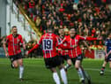 Derry City striker Colm Whelan, pictured celebrating his goal against St Patrick's Athletic at Brandywell last Friday night, is awaiting results of a scan.