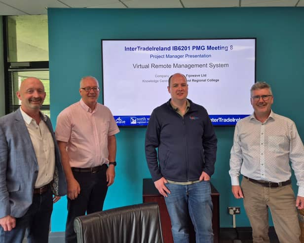 Dominic Mullan, InterTradeIreland Innovation Boost Consultant, Michael O'Keefe CEO of Fijowave, Cathal Ferry, NWRC i4.0 Centre Manager and Fergal Meath, Software Engineering Manager pictured at the final Project Management Group (PMG) meeting in Dublin marking the conclusion of the 18-month project which focused on developing next-generation remote monitoring technology.