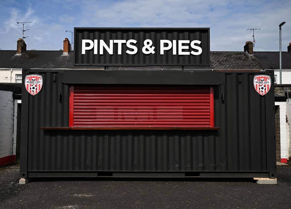 A concession stand selling pints and pies in the grounds before a Derry City training session at Find Insurance Celtic Park in Derry. Photo by Stephen McCarthy/Sportsfile