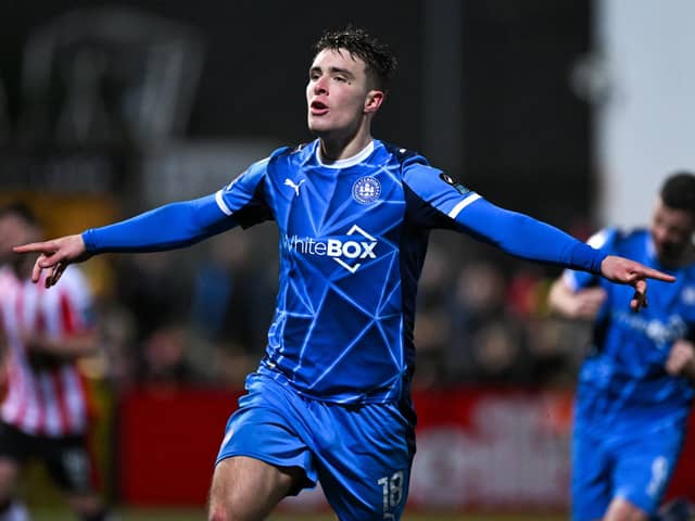 27 February 2026; Tommy Lonergan of Waterford celebrates after scoring his side's second goal, a penalty, during the SSE Airtricity Men's Premier Division match between Derry City and Waterford at The Ryan McBride Brandywell Stadium in Derry. Photo by Ramsey Cardy/Sportsfile
