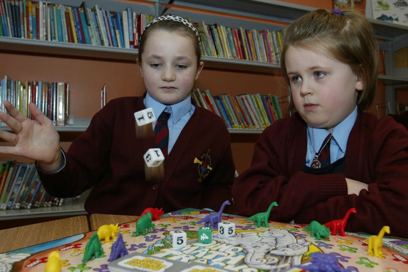 P4 pupils Aileen Quinn and Paula Kelly of St Eithne's OS play a game during their numeracy class.