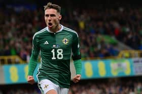 N Ireland's Gavin Whyte scores at Windsor Park.