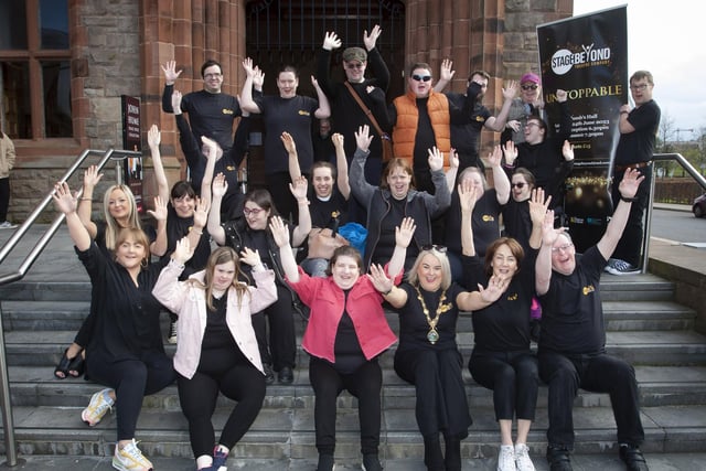 The Mayor of Derry and Strabane, Councillor Sandra Duffy, hosted a special reception in the Guildhall for Stage Beyond, the award-winning local theatre company for adults with learning disabilities during which she also helped launch their upcoming annual variety showcase ‘Unstoppable’ which will be performed in St Columb’s Hall on 24th June 2023. Stage Beyond members and staff are pictured with the Mayor on the steps of the Guildhall. Tickets for the show can be booked by emailing stagebeyond@aol.com