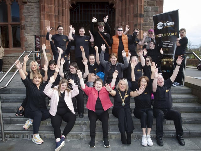 The Mayor of Derry and Strabane, Councillor Sandra Duffy, hosted a special reception in the Guildhall for Stage Beyond, the award-winning local theatre company for adults with learning disabilities during which she also helped launch their upcoming annual variety showcase ‘Unstoppable’ which will be performed in St Columb’s Hall on 24th June 2023. Stage Beyond members and staff are pictured with the Mayor on the steps of the Guildhall. Tickets for the show can be booked by emailing stagebeyond@aol.com