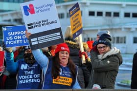 Royal College of Nurses members, campaigning for fair pay and conditions, take part in industrial action at Altnagelvin Hospital on Thursday morning.  Photo: George Sweeney. DER2250GS - 43