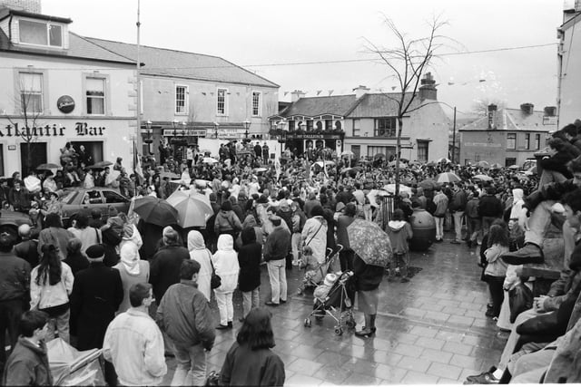 A thronged Market Square during the 1993 Buncrana St. Patrick's Day parade.