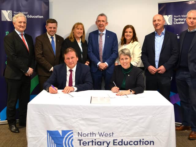 Representives from NWRC and ATU signing the MoU. Front: CEO and Principal of NWRC, Leo Murphy and Dr Orla Flynn, President of ATU. Back-row L-R: John Andy Bonar (ATU), Eoin Cullina (ATU), Aodhmar Cadogan (ATU), Paul Hannigan (ATU), Joanne Kilmartin (ATU), Paddy Hannigan (ATU), and Niall O'Somachain (Consultant).
