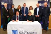 Representives from NWRC and ATU signing the MoU. Front: CEO and Principal of NWRC, Leo Murphy and Dr Orla Flynn, President of ATU. Back-row L-R: John Andy Bonar (ATU), Eoin Cullina (ATU), Aodhmar Cadogan (ATU), Paul Hannigan (ATU), Joanne Kilmartin (ATU), Paddy Hannigan (ATU), and Niall O'Somachain (Consultant).