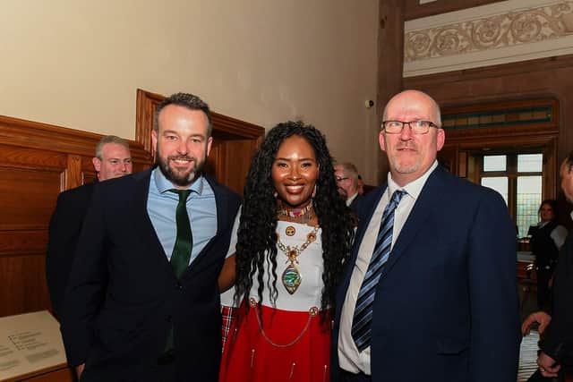 SDLP Colr Lilian Seenoi-Barr, newly elected mayor of Derry and Strabane, pictured with SDLP leader Colum Eastwood MP and her husband Patrick. Photo: George Sweeney.