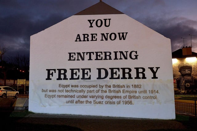 One of the projected images, on Free Derry Corner on Thursday evening, of the British colonial past from the ‘The Sun Never Set And The Blood Never Dries’ art project created by Art Everywhere.  The event was part of Bloody Sunday 51 anniversary. Photo: George Sweeney. DER2305GS – 108