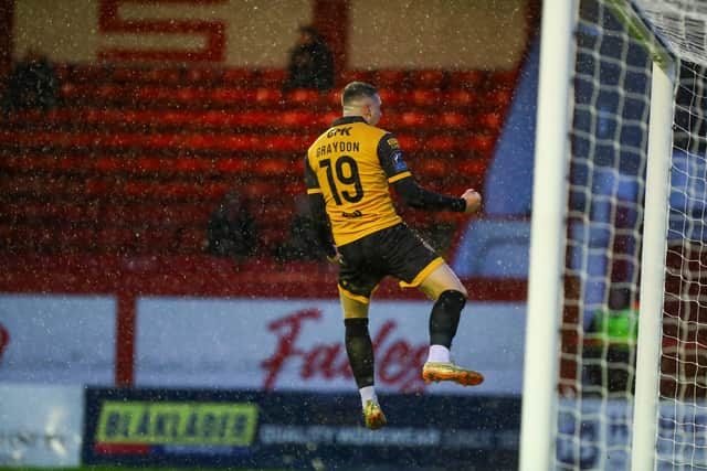 Derry City winger Ryan Graydon celebrates his winning goal against Shelbourne at Tolka Park. Photograph by Kevin Moore.