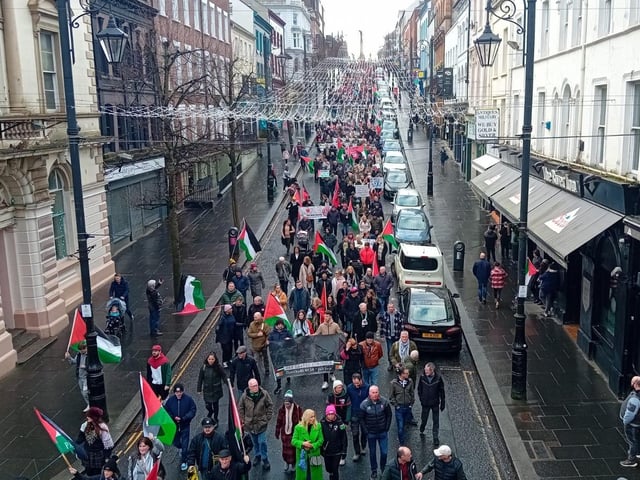 Thousands participate in Derry rally for Palestine calling for a ceasefire in Gaza on January 13, 2024