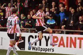 Derry City’s Michael Duffy celebrates scoring against Shelbourne.  Photograph: George Sweeney