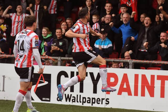 Derry City’s Michael Duffy celebrates scoring against Shelbourne. Photograph: George Sweeney