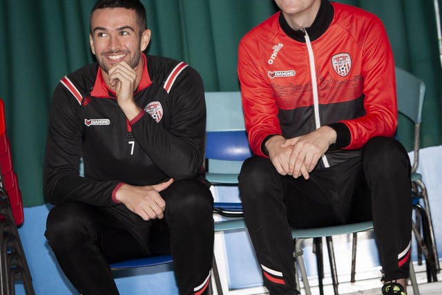 Derry players Michael Duffy and Caoimhin Porter enjoying the P7 ‘Don’t Stop Us Now!’ video re-run during their visit on Monday.