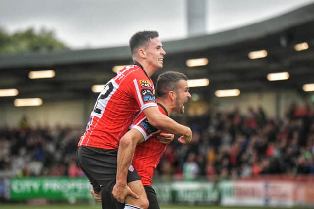 Derry City's Jordan McEneff celebrates his first half goal against Drogheda United with Michael Duffy, at the Brandywell this evening. Photo: George Sweeney