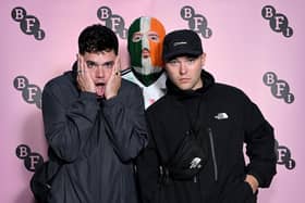 LONDON, ENGLAND - AUGUST 22: (L-R) Móglaí Bap, Dj Provaí, and Mo Chara of Kneecap attend a preview and Q&A for "Kneecap" at BFI Southbank on August 22, 2024 in London, England. (Photo by Kate Green/Getty Images for BFI)