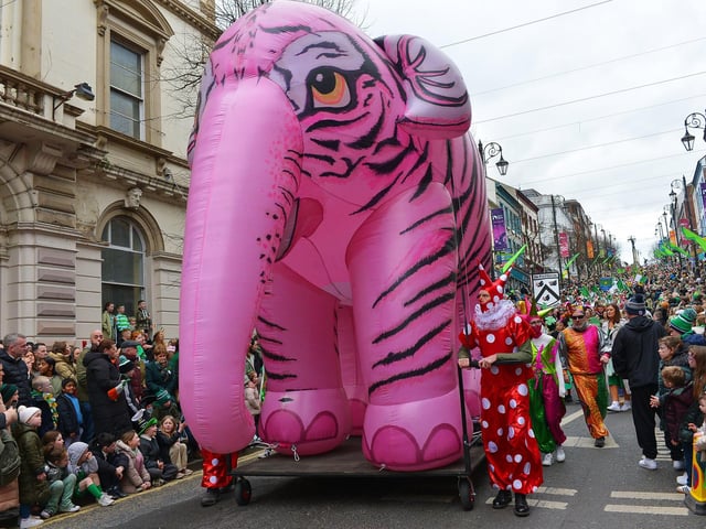 The Derry St Patrick’s Day parade makes its way towards the city centre on Monday afternoon. Photo: George Sweeney.